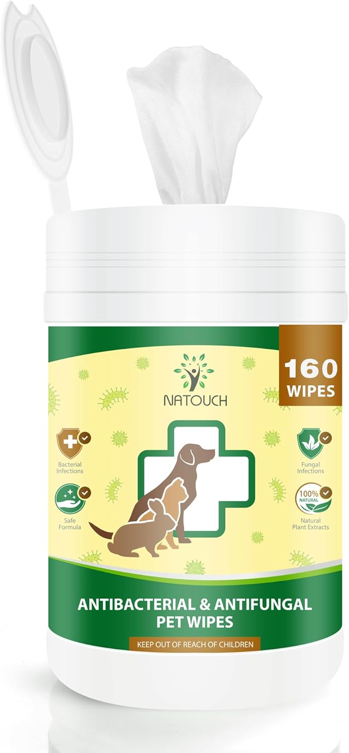 Antifungal and Antibacterial Wipes for Dogs & Cats, Dog Yeast Infection Treatment Wipes, All Natural Grooming Wipes for Cleaning, Help with Hot Spots, Ringworm, and Skin Infections, 160 Count - Natouch LLC