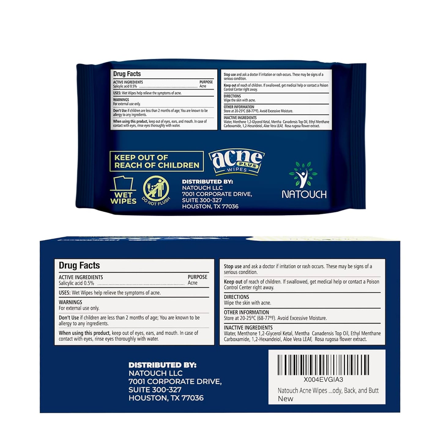 Acne Wipes for Face & Back, Acne Treatment Wipes with Salicylic Acid, Acne Scars and Dark Spot Remover with Natural Essential Oil for Face, Body, Back, and Butt - Natouch LLC