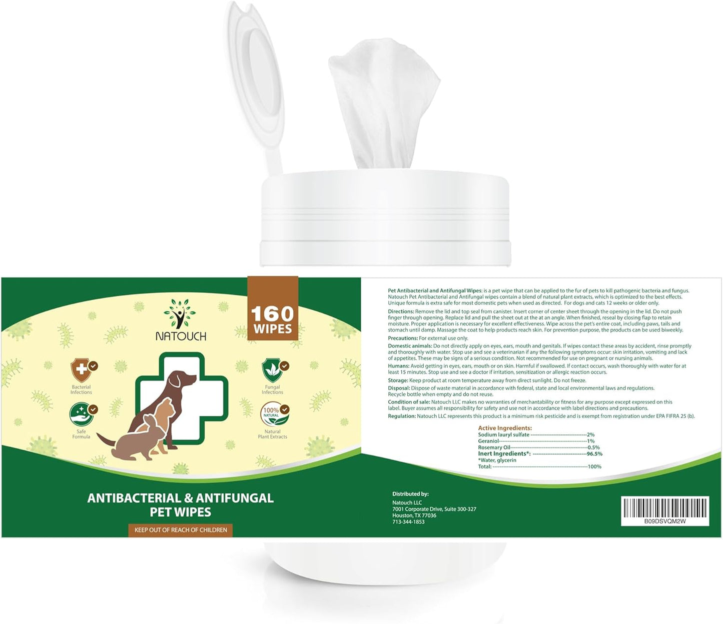 Antifungal and Antibacterial Wipes for Dogs & Cats, Dog Yeast Infection Treatment Wipes, All Natural Grooming Wipes for Cleaning, Help with Hot Spots, Ringworm, and Skin Infections, 160 Count - Natouch LLC