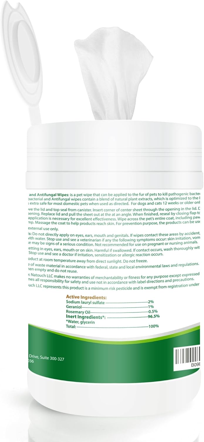 Antifungal and Antibacterial Wipes for Dogs & Cats, Dog Yeast Infection Treatment Wipes, All Natural Grooming Wipes for Cleaning, Help with Hot Spots, Ringworm, and Skin Infections, 160 Count - Natouch LLC